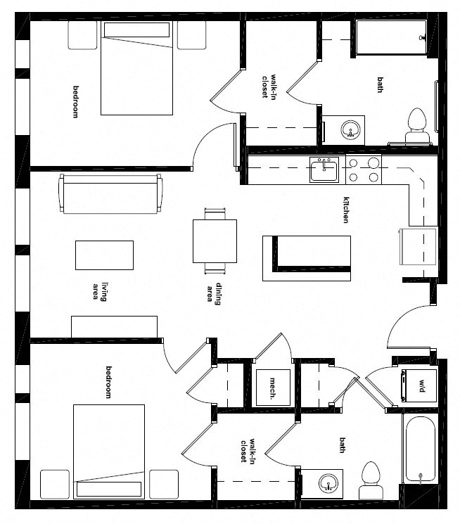 Floor plan for 2 beds, 2 baths, 1020 sqft